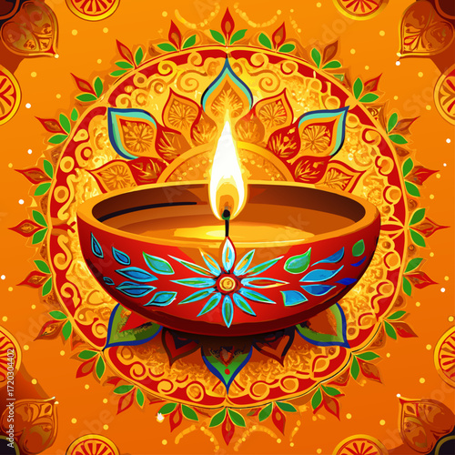 Vibrant Diwali Celebration A Mandala of Lit Diyas Illuminating a Festive Orange Backdrop