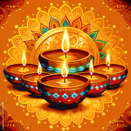 Vibrant Diwali Celebration A Mandala of Lit Diyas Illuminating a Festive Orange Backdrop