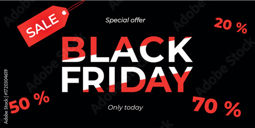 Large typographic banner for Black Friday. Vector banner template with special offers and discounts in a modern style on a black background.