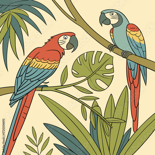 Two Macaws Perched on Branches Tropical Birds Jungle Paradise two