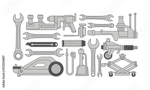 Collection of Various Gray Mechanic Tools Outlined on White Background.