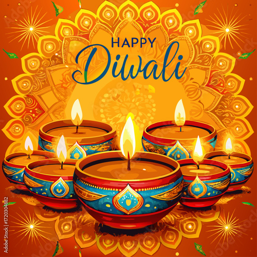 Vibrant Diwali Celebration A Mandala of Lit Diyas Illuminating a Festive Orange Backdrop