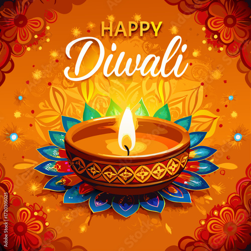 Vibrant Diwali Celebration A Mandala of Lit Diyas Illuminating a Festive Orange Backdrop