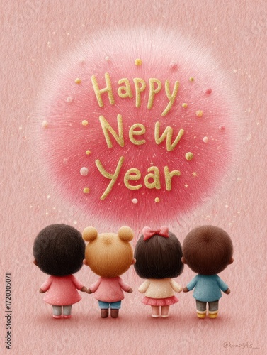 Friends celebrating the New Year with joy and excitement against a pastel backdrop