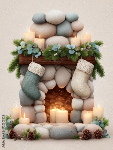 Cozy stone fireplace decorated for winter with stockings and candles