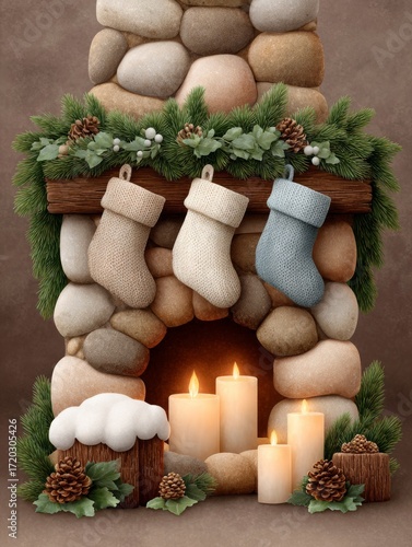 Cozy holiday fireplace with knitted stockings and tranquil candles ready for winter celebrations