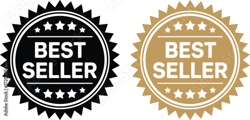 Vector illustration of two premium 'Best Seller' badges, featuring stars, presented in elegant black and luxurious gold variations, ideal for product recognition