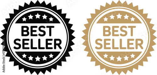 Set of two best seller vector badges in black and gold color variations for product marketing and commercial promotion