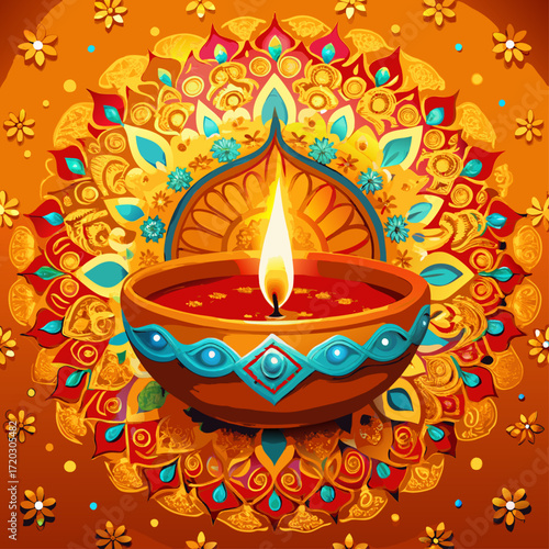 Vibrant Diwali Celebration A Mandala of Lit Diyas Illuminating a Festive Orange Backdrop