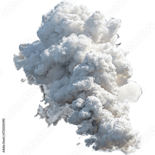 Dense white cloud of smoke, billowing upwards. Isolated on White Background and Transparent PNG.