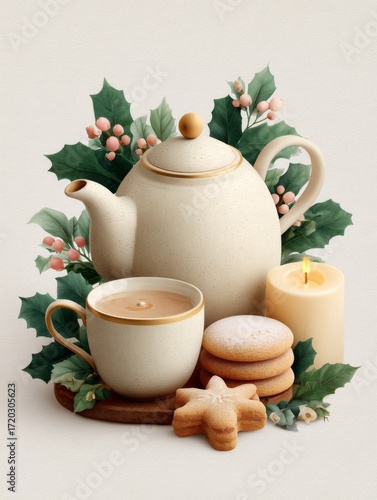 Cozy tea setting with cookies and candle surrounded by holiday greenery and decorations