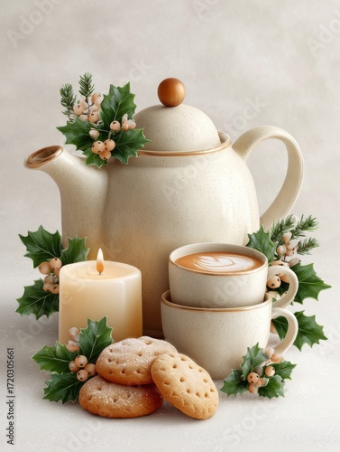 Warm tea and cookies with decorative holly and candle for a cozy winter setting