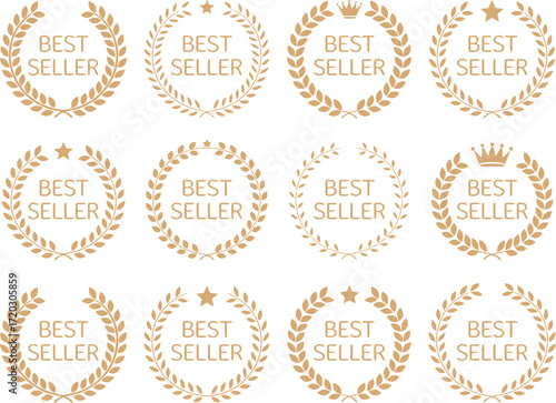 Minimalist golden vector award badges, featuring diverse laurel wreaths and crown designs, geometrically arranged on a white background, symbolizing product quality and recognition