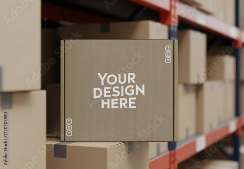 Cardboard Box Mockup on Warehouse Shelf Background
