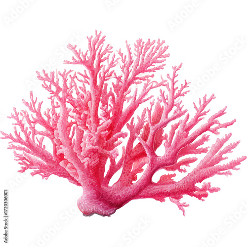 Vivid pink coral, intricate branches. Isolated on White Background and Transparent PNG.