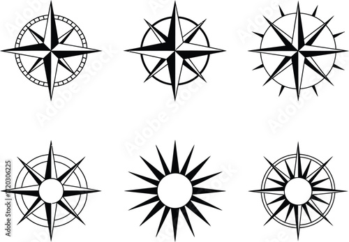 Collection of elegant black and white compass rose designs for navigation and exploration