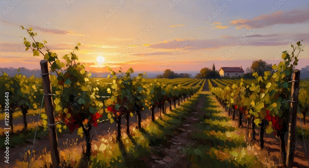Naklejka premium Scenic Vineyard Landscape During a Golden Hour Sunset.