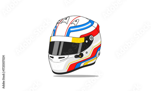Colorful Racing Helmet with Visor and Stripes, Protective Gear, Motorsports Equipment.