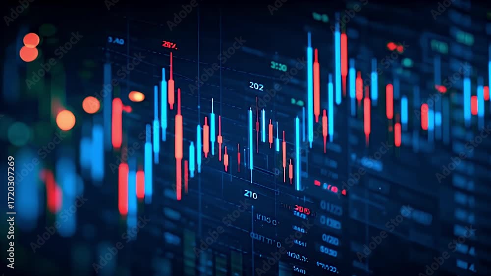Financial data trading investment cryptocurrency bitcoin ethereum 4k AI generated video. Dynamic stock market candlestick chart animation blue red 4k AI generated video.