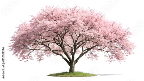 Majestic cherry blossom tree in full bloom isolated on transparent background, showcasing delicate pink flowers and intricate branches against a clear backdrop