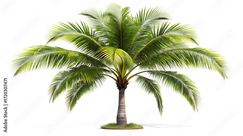 Obraz premium Coconut palm tree with green leaves isolated on transparent background, a tropical symbol of summer, vacation, and relaxation in a sunny paradise