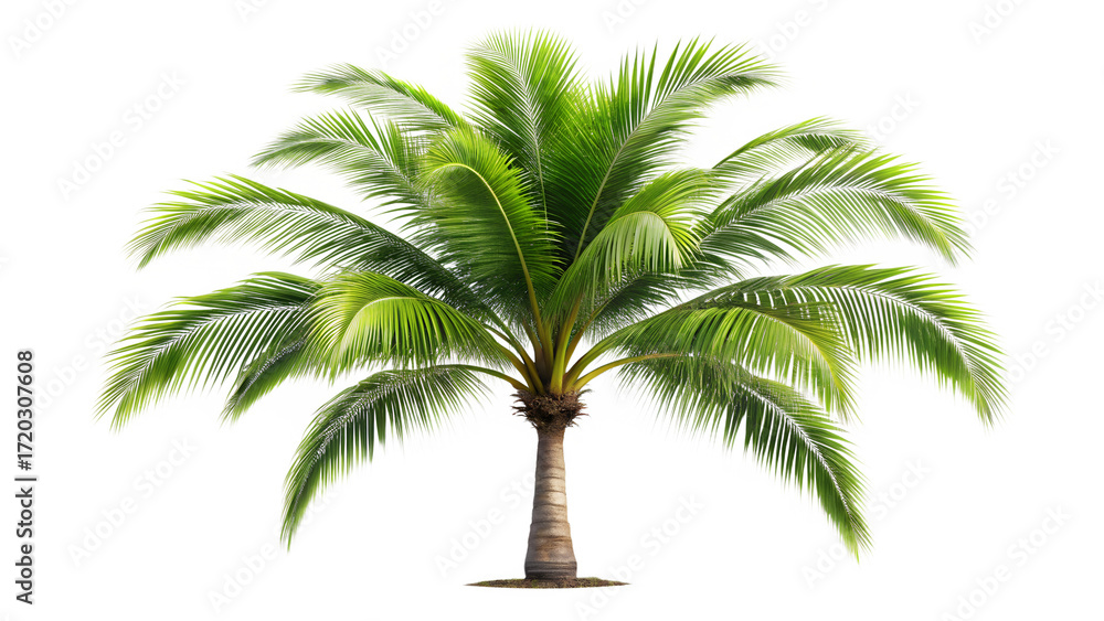 Obraz premium Vibrant coconut palm tree isolated on transparent background, representing tropical beauty, relaxation, and the essence of a sunny island getaway