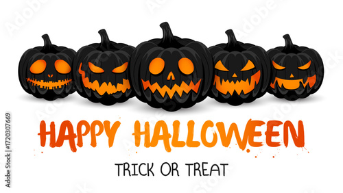 Spooky black pumpkins with carved orange faces, isolated on white background. The main symbol of the Happy Halloween holiday. Black pumpkin with smile holiday Halloween. Vector illustration.