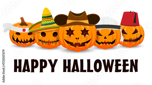 Happy Halloween. Five carved pumpkins wear festive hats: sombrero, cowboy hat, keffiyeh, fez. Spooky smiles pumpkin for Halloween. Vector illustration.