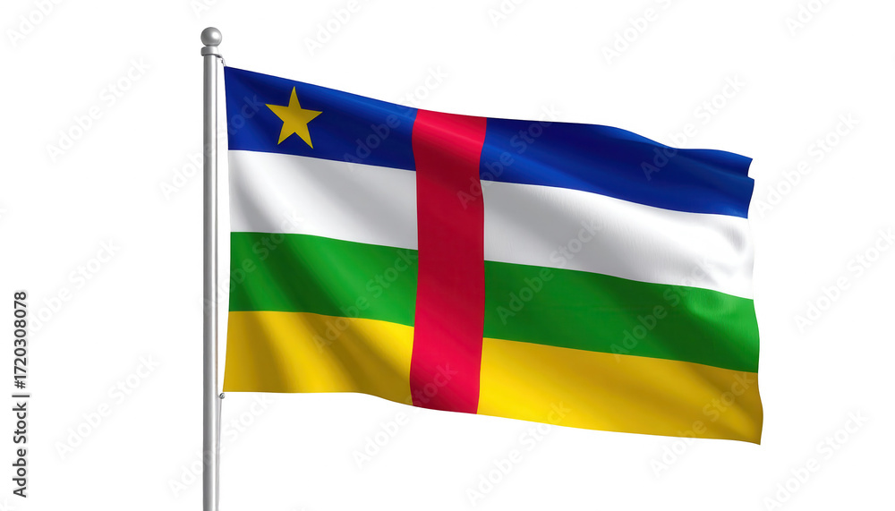 Fototapeta premium A digitally rendered image showcases the Central African Republic flag, displaying vibrant colors and flowing fabric.