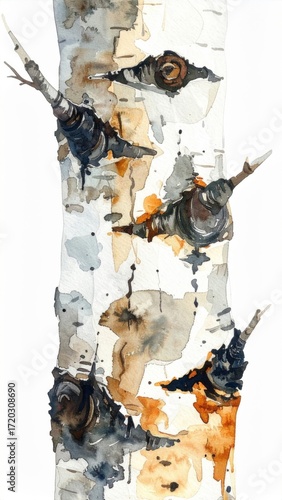 Close Up Watercolor Illustration of Birch Tree Trunk with White Background
