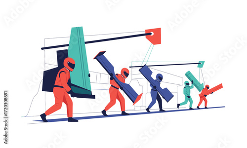 Colorful Team Carrying Geometric Panels in a Race.