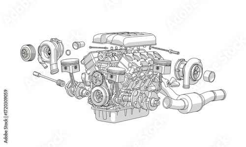 Detailed Exploded View of a Powerful Twin-Turbocharged V8 Engine Assembly.