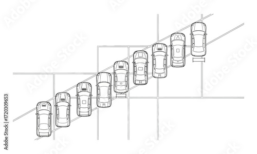 Diagram of Cars Parked in a Diagonal Row on an Inclined Surface.