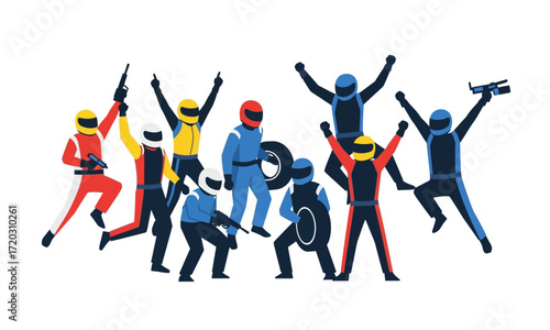 Diverse group of cartoon race car drivers in colorful suits and helmets celebrating victory.