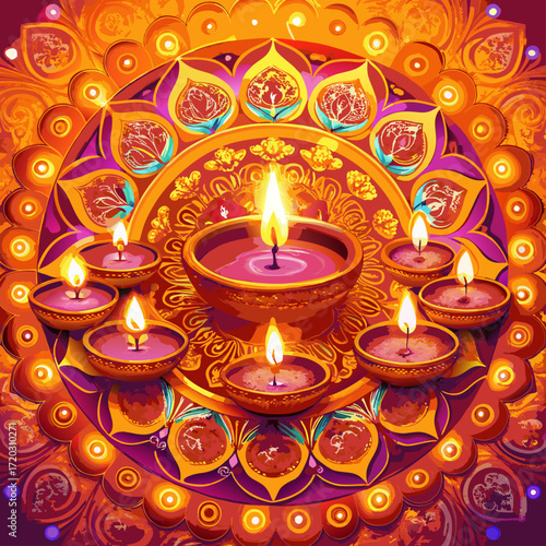 Vibrant Diwali Celebration A Mandala of Lit Diyas Illuminating a Festive Orange Backdrop	
