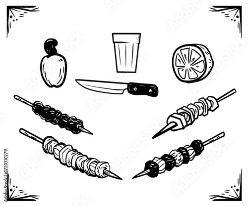 Brazilian bar food. Woodcut style.