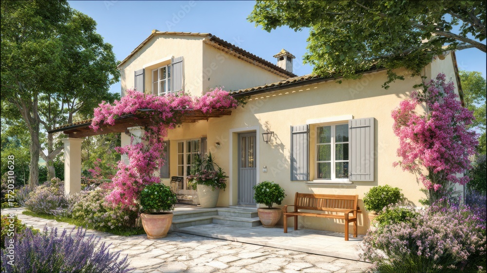 Fototapeta premium full cozy countryside house, provence style, pale yellow facade, porch with wooden bench, blooming bushes, tall tree shadow, butterflies