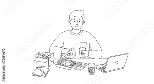 A person preparing a meal with ingredients laid out on a table with a laptop nearby