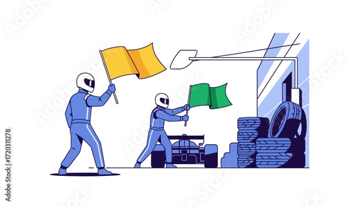 Dynamic racing pit crew illustration with yellow and green flags, formula car, and stacked tires.