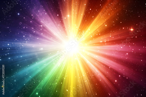 Multicolored light beam explosion with radiant energy burst concept