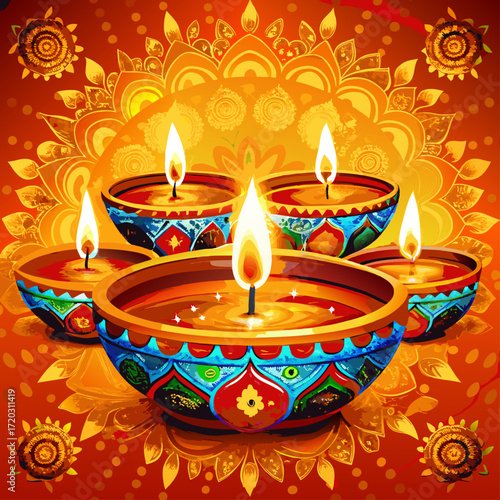 Vibrant Diwali Celebration A Mandala of Lit Diyas Illuminating a Festive Orange Backdrop	
