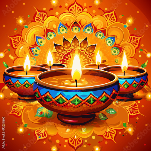 Vibrant Diwali Celebration A Mandala of Lit Diyas Illuminating a Festive Orange Backdrop	
