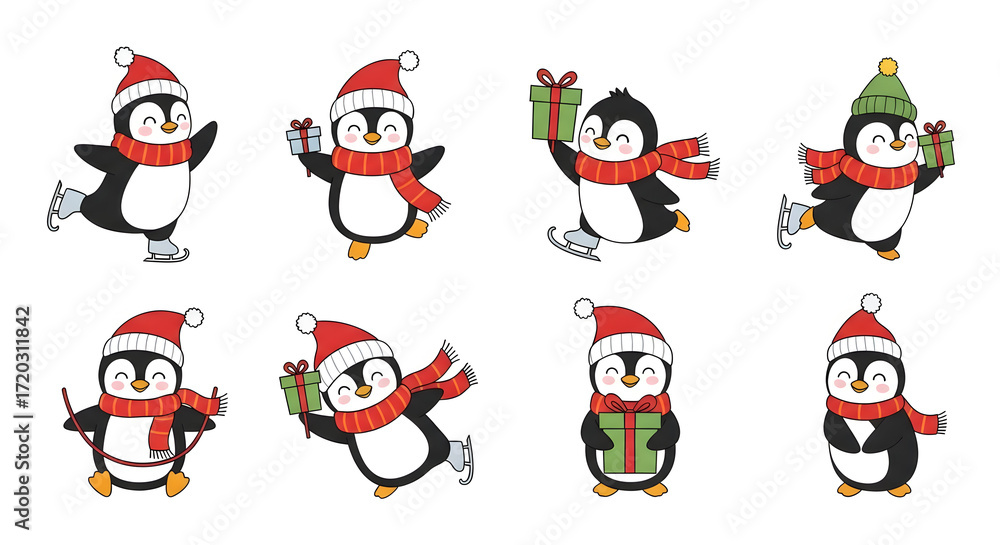 Fototapeta premium Collection of eight cheerful cartoon penguins wearing festive winter hats and scarves while performing various activities like ice skating and holding presents.