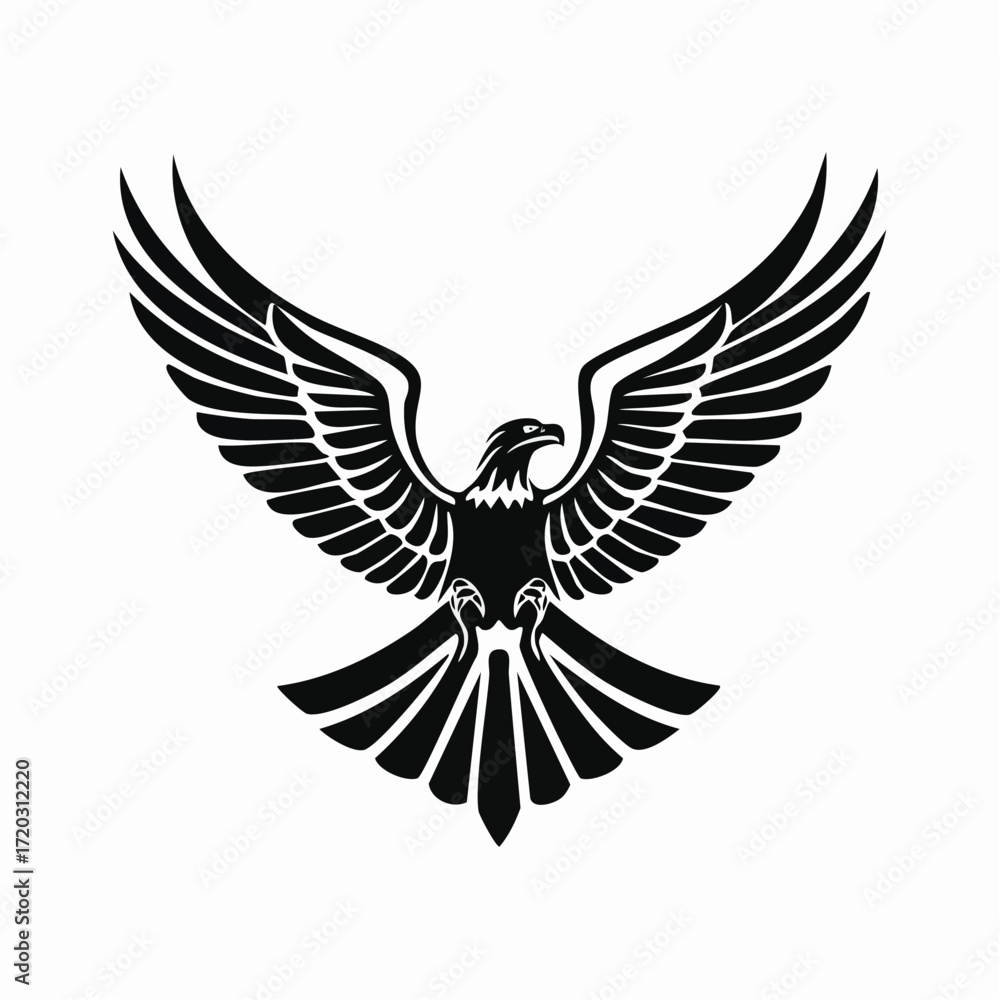 Fototapeta premium Eagle logo, silhouette predator hawk bird wide wingspan floating in the air, flying animal tattoo emblem mockup