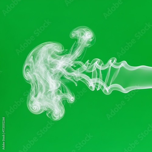 Abstract design showcases swirling, white smoke patterns against a vibrant green background.