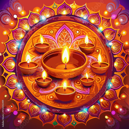 Vibrant Diwali Celebration A Mandala of Lit Diyas Illuminating a Festive Orange Backdrop	
