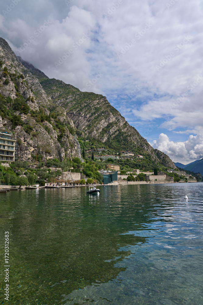 Fototapeta premium Limone Sul Garda, Italy - May 9, 2025: the popular tourist town of Limone Sul Garda, famous for its lemon cultivation