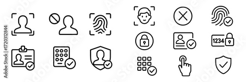 Icons representing various aspects of identity verification, security measures, and user authentication in digital environments