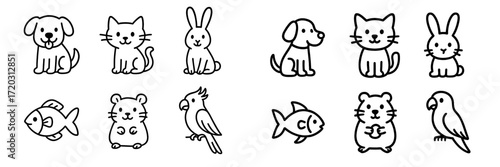 Cute drawings of various pets including dogs, cats, rabbits, and fish in a playful arrangement