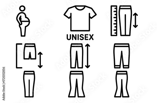 Clothing size guide with unisex options and measurement indicators for shorts and pants